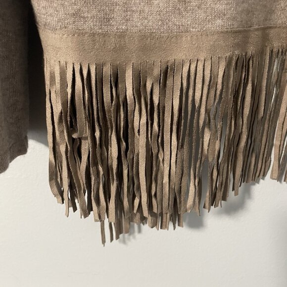 Dolce Cabo Tan Angora Microsuede Fringe Classic Waterfall Cardigan Sweater M NWT - Picture 3 of 8